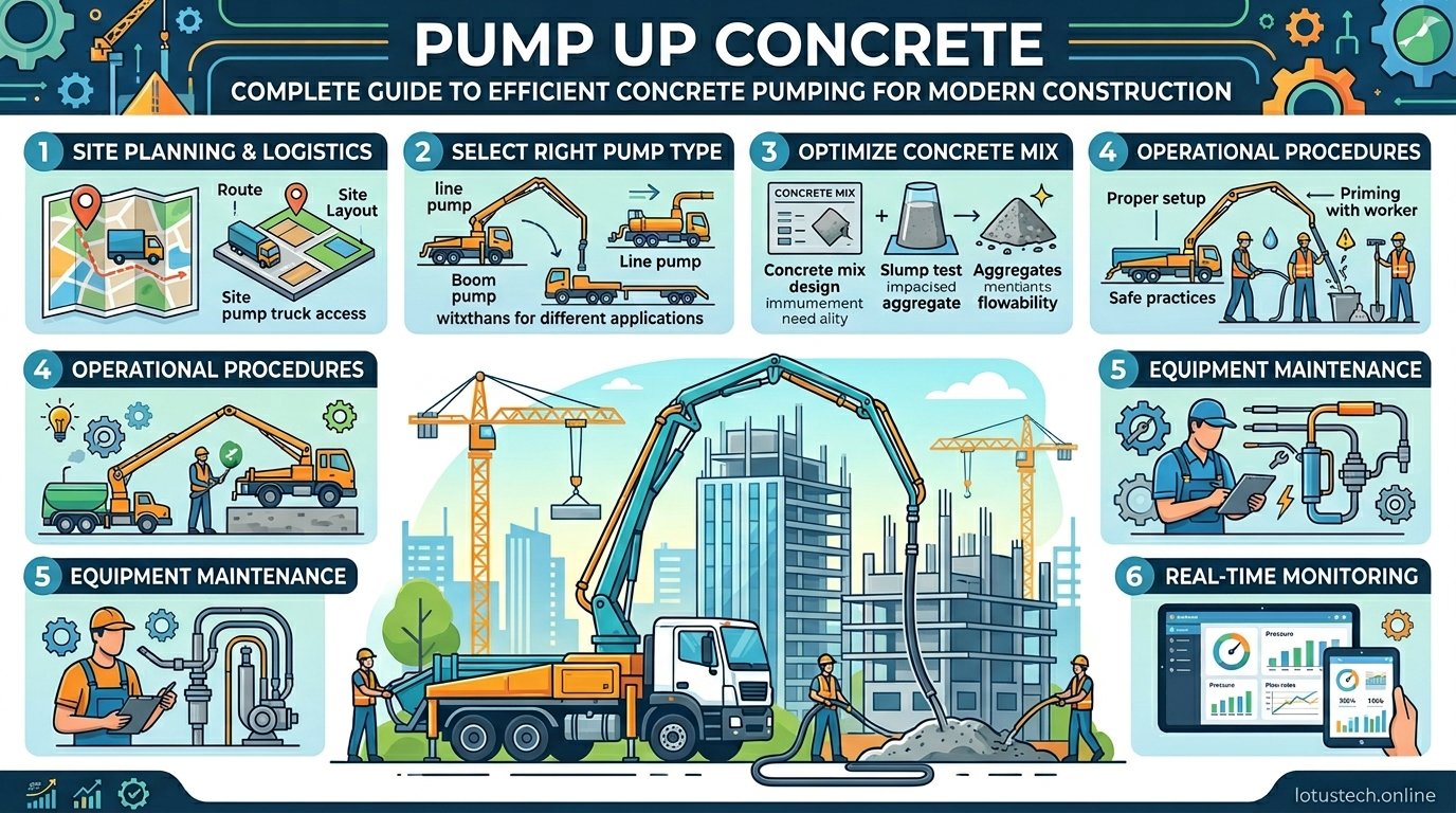 Concrete pump truck lifting and delivering fresh concrete to a construction site efficiently