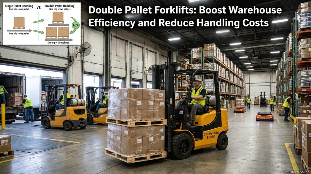 Double pallet forklift lifting two pallets simultaneously in a warehouse environment