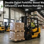 Double pallet forklift lifting two pallets simultaneously in a warehouse environment