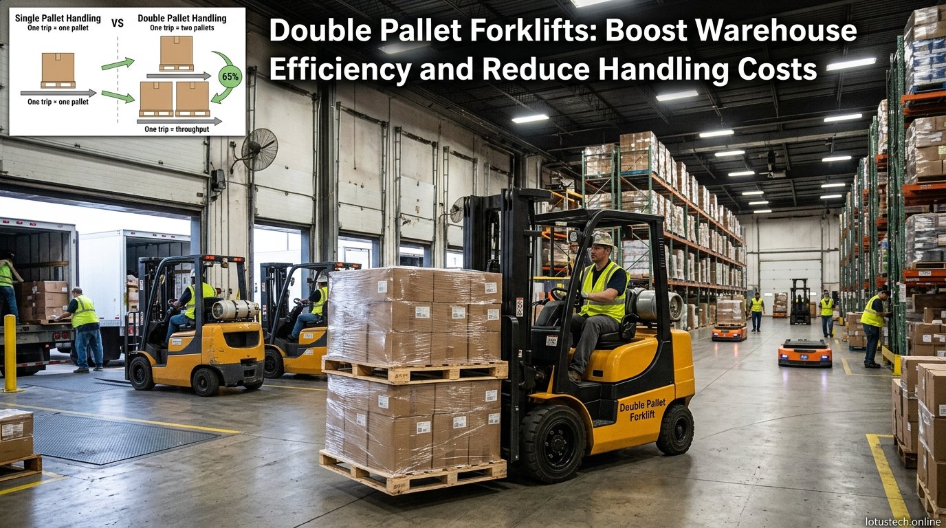 Double pallet forklift lifting two pallets simultaneously in a warehouse environment